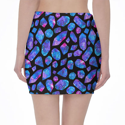 Blue Crystal Cosmic Galaxy Space Print Pencil Mini Skirt