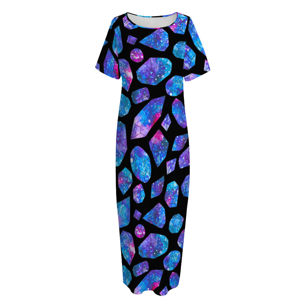 Blue Crystal Cosmic Galaxy Space Print Short Sleeve Long Nightdress