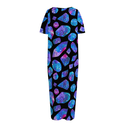 Blue Crystal Cosmic Galaxy Space Print Short Sleeve Long Nightdress