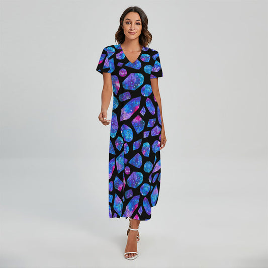 Blue Crystal Cosmic Galaxy Space Print Short Sleeve Maxi Dress