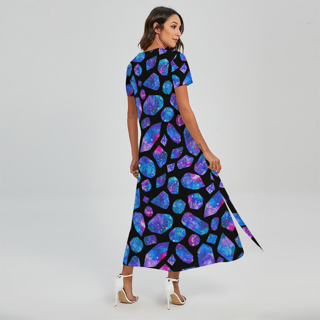 Blue Crystal Cosmic Galaxy Space Print Short Sleeve Maxi Dress