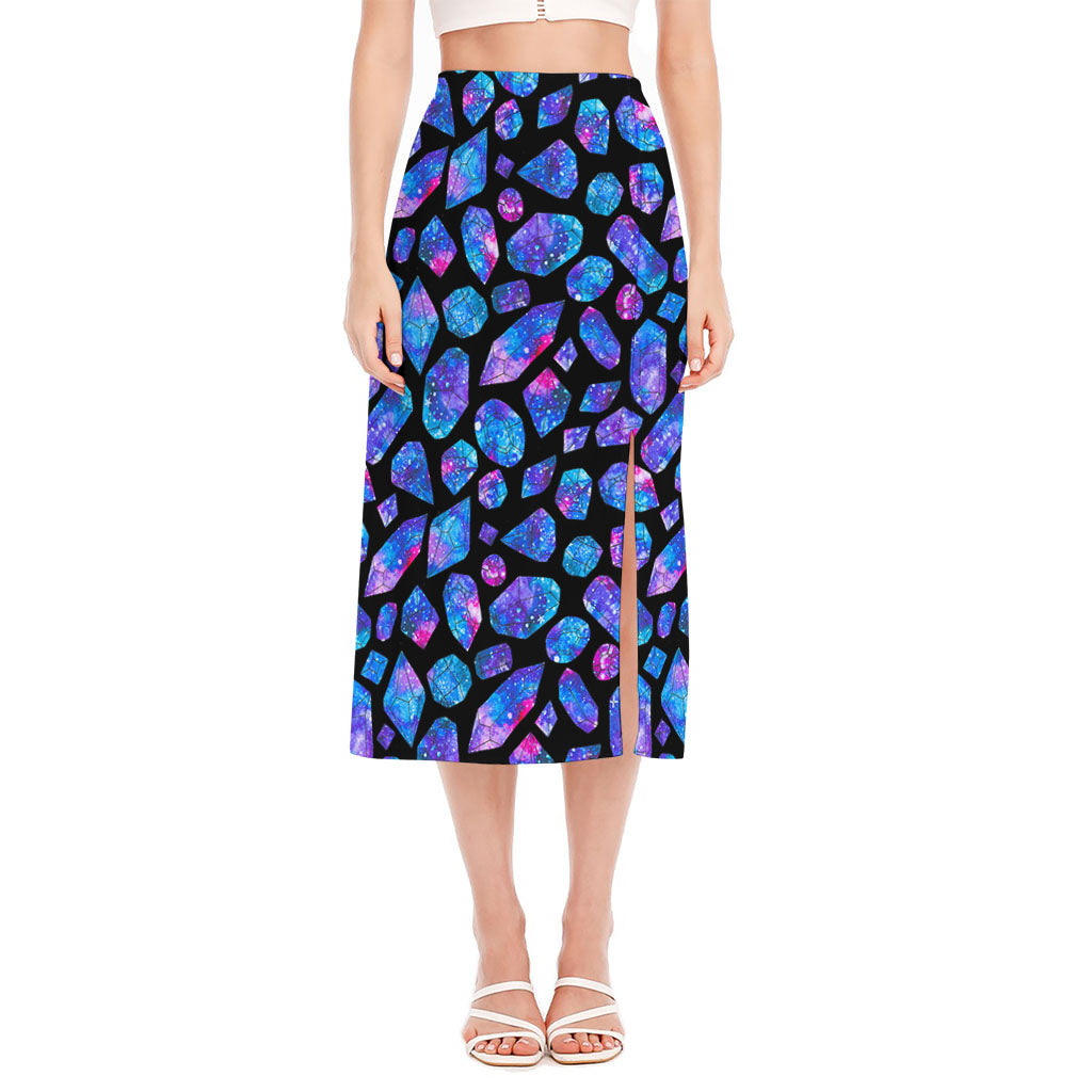 Blue Crystal Cosmic Galaxy Space Print Side Slit Midi Skirt