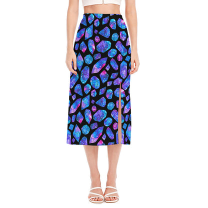Blue Crystal Cosmic Galaxy Space Print Side Slit Midi Skirt
