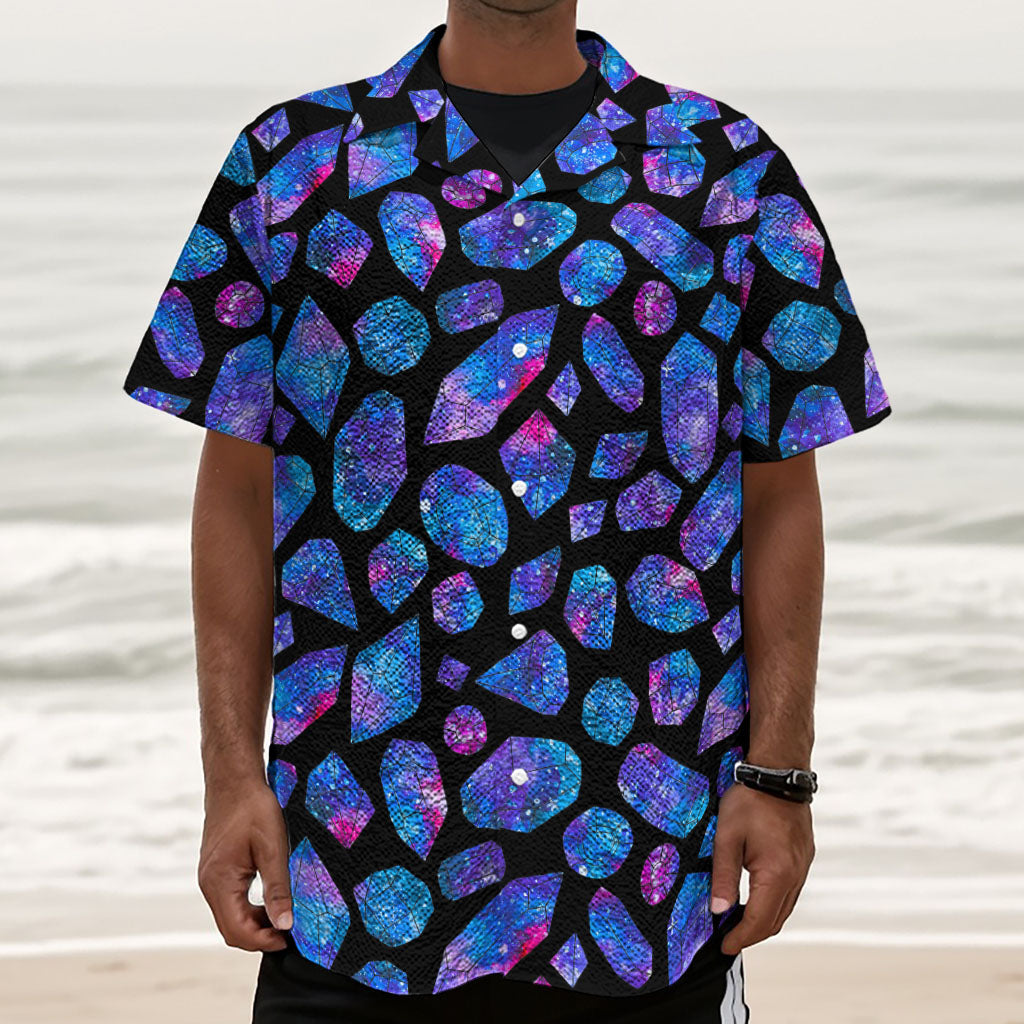 Blue Crystal Cosmic Galaxy Space Print Textured Short Sleeve Shirt