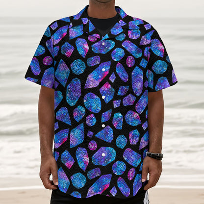 Blue Crystal Cosmic Galaxy Space Print Textured Short Sleeve Shirt