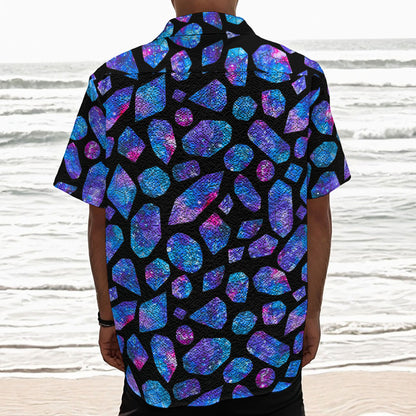 Blue Crystal Cosmic Galaxy Space Print Textured Short Sleeve Shirt