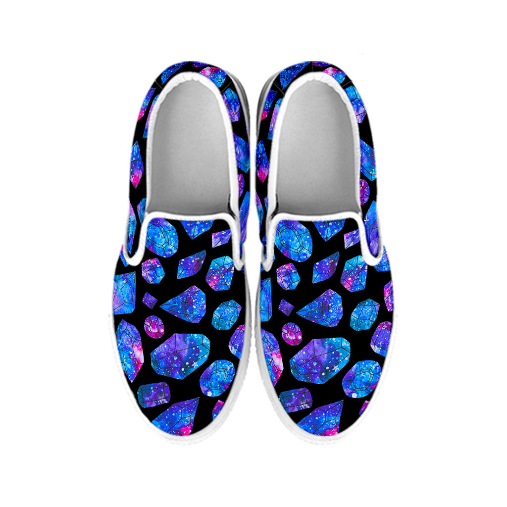 Blue Crystal Cosmic Galaxy Space Print White Slip On Sneakers
