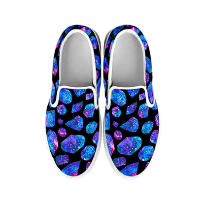 Blue Crystal Cosmic Galaxy Space Print White Slip On Sneakers