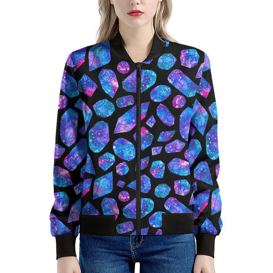 Blue Crystal Cosmic Galaxy Space Print Women's Bomber Jacket