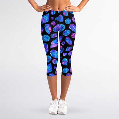 Blue Crystal Cosmic Galaxy Space Print Women's Capri Leggings