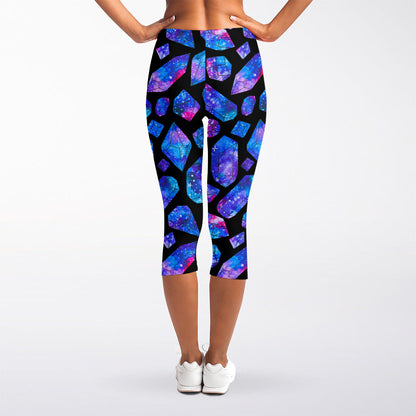 Blue Crystal Cosmic Galaxy Space Print Women's Capri Leggings