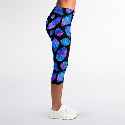 Blue Crystal Cosmic Galaxy Space Print Women's Capri Leggings