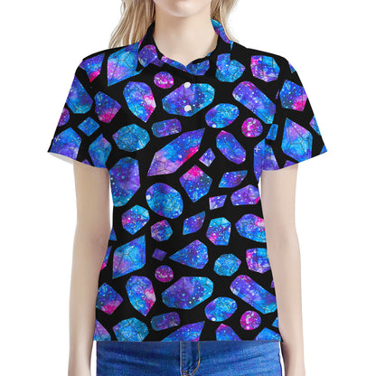 Blue Crystal Cosmic Galaxy Space Print Women's Polo Shirt