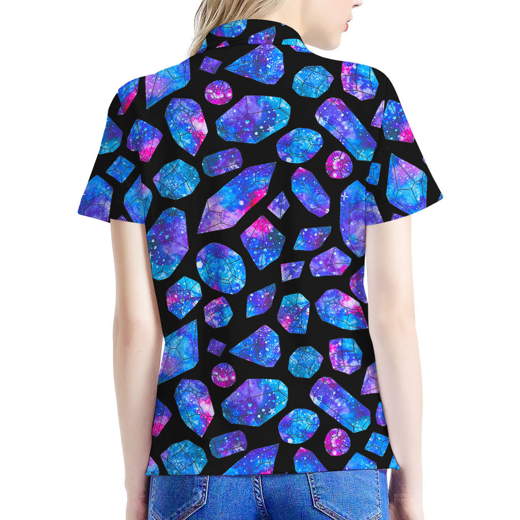 Blue Crystal Cosmic Galaxy Space Print Women's Polo Shirt
