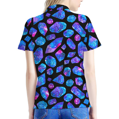 Blue Crystal Cosmic Galaxy Space Print Women's Polo Shirt