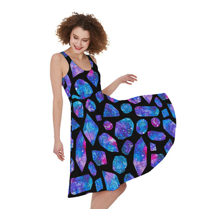 Blue Crystal Cosmic Galaxy Space Print Women's Sleeveless Dress
