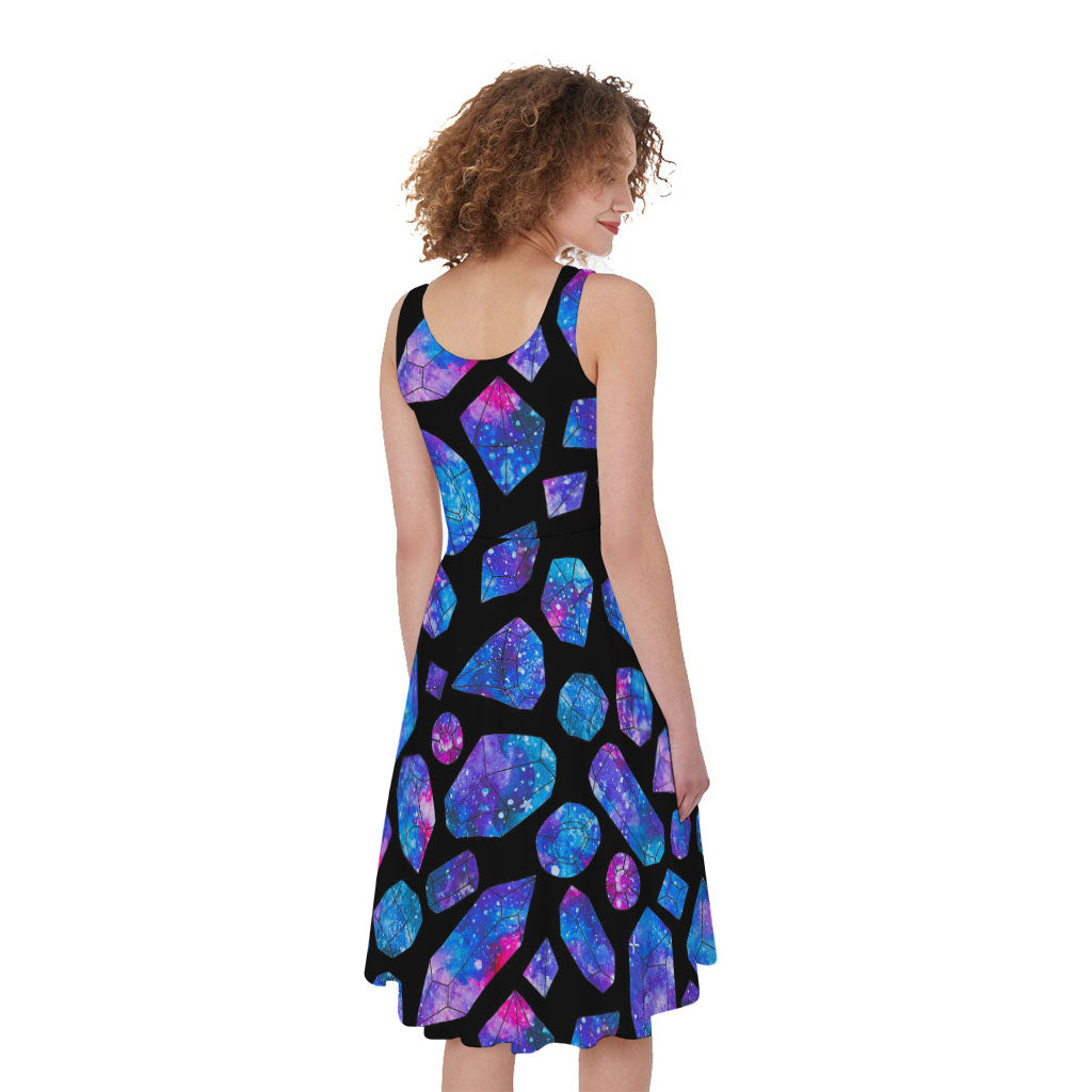 Blue Crystal Cosmic Galaxy Space Print Women's Sleeveless Dress