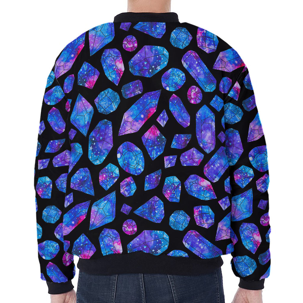 Blue Crystal Cosmic Galaxy Space Print Zip Sleeve Bomber Jacket