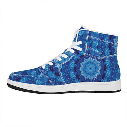 Blue Crystal Kaleidoscope Print High Top Leather Sneakers
