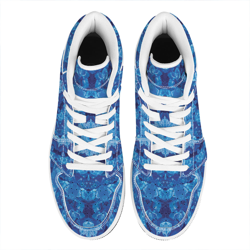Blue Crystal Kaleidoscope Print High Top Leather Sneakers