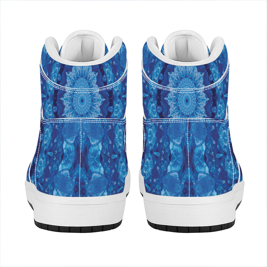 Blue Crystal Kaleidoscope Print High Top Leather Sneakers