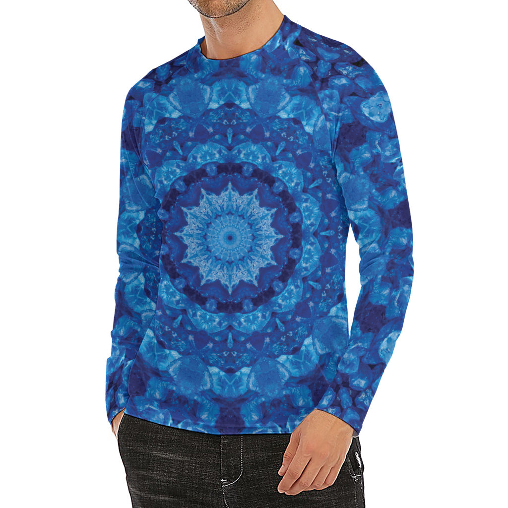 Blue Crystal Kaleidoscope Print Men's Long Sleeve Rash Guard