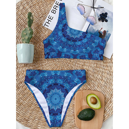 Blue Crystal Kaleidoscope Print One Shoulder Bikini Top