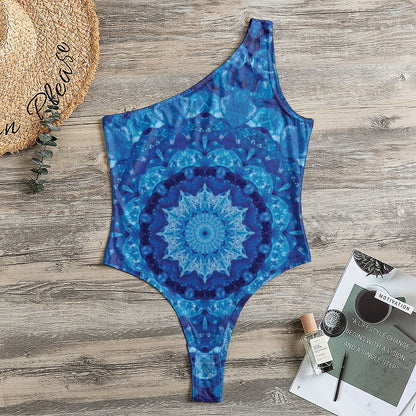 Blue Crystal Kaleidoscope Print One Shoulder Bodysuit