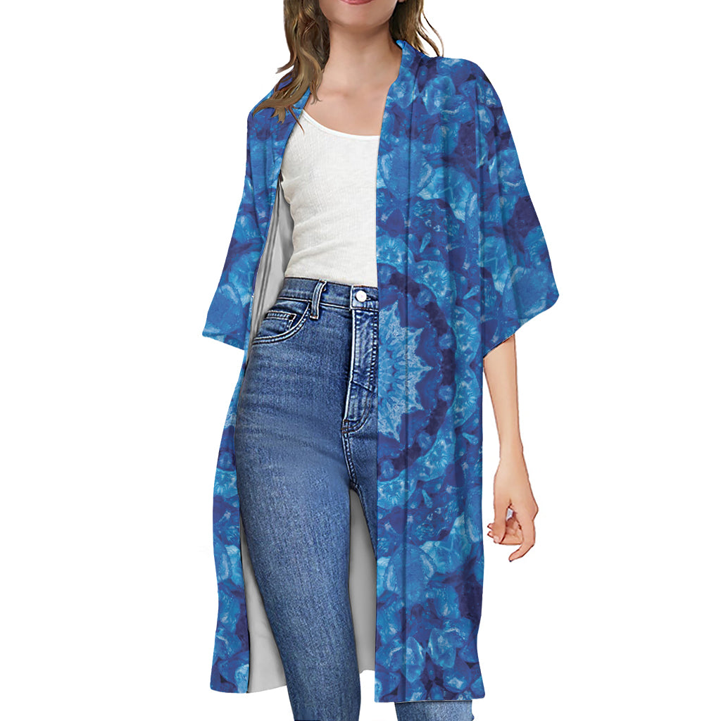 Blue Crystal Kaleidoscope Print Open Front Beach Cover Up