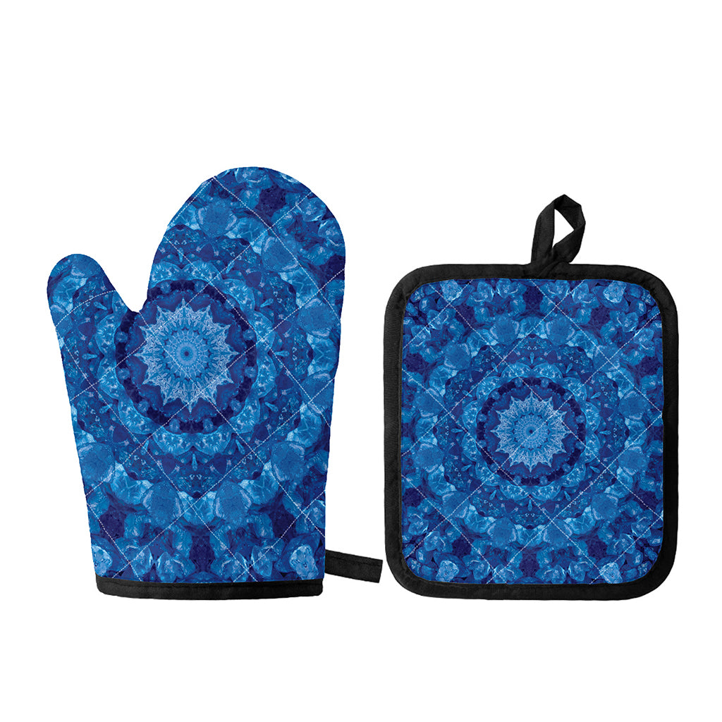 Blue Crystal Kaleidoscope Print Oven Mitt And Pot Holder Set