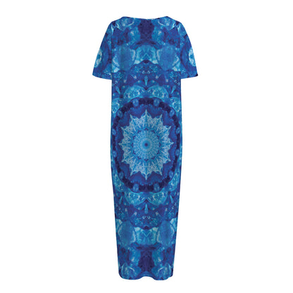 Blue Crystal Kaleidoscope Print Short Sleeve Long Nightdress