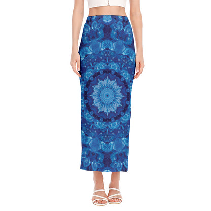 Blue Crystal Kaleidoscope Print Side Slit Maxi Skirt