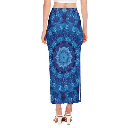Blue Crystal Kaleidoscope Print Side Slit Maxi Skirt