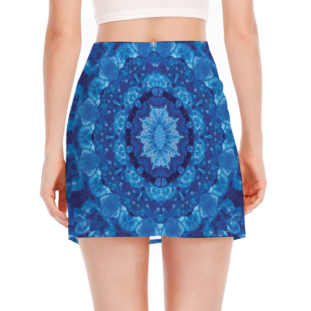 Blue Crystal Kaleidoscope Print Side Slit Mini Skirt