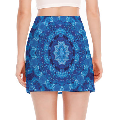 Blue Crystal Kaleidoscope Print Side Slit Mini Skirt