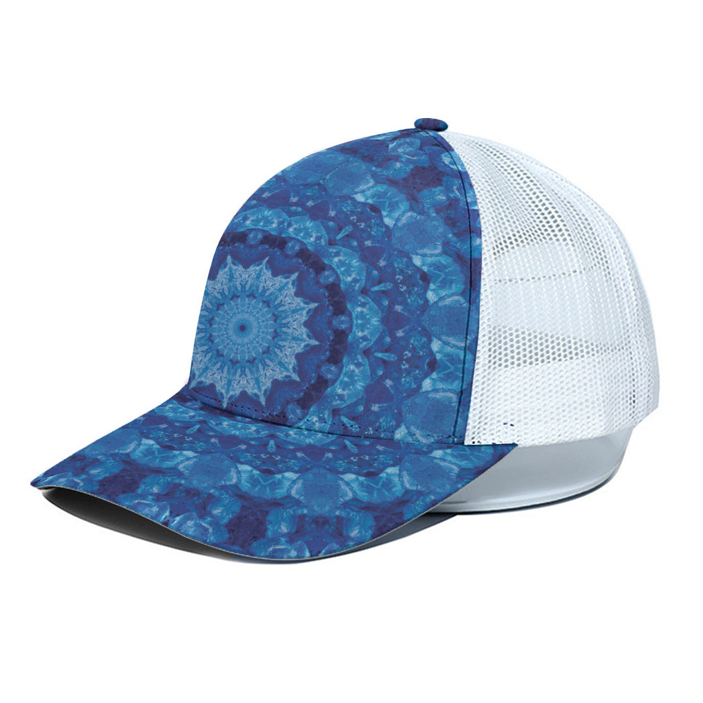 Blue Crystal Kaleidoscope Print White Mesh Trucker Cap
