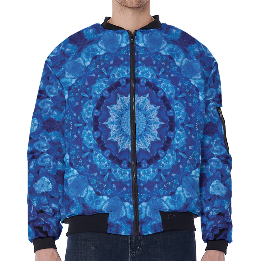Blue Crystal Kaleidoscope Print Zip Sleeve Bomber Jacket