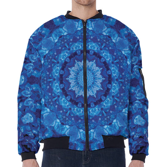 Blue Crystal Kaleidoscope Print Zip Sleeve Bomber Jacket