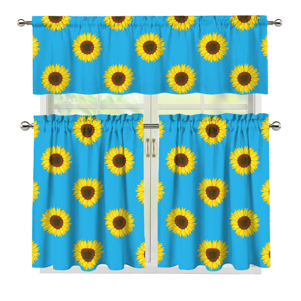 Blue Cute Sunflower Pattern Print 3 Piece Kitchen Curtains