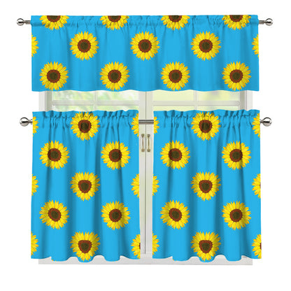 Blue Cute Sunflower Pattern Print 3 Piece Kitchen Curtains