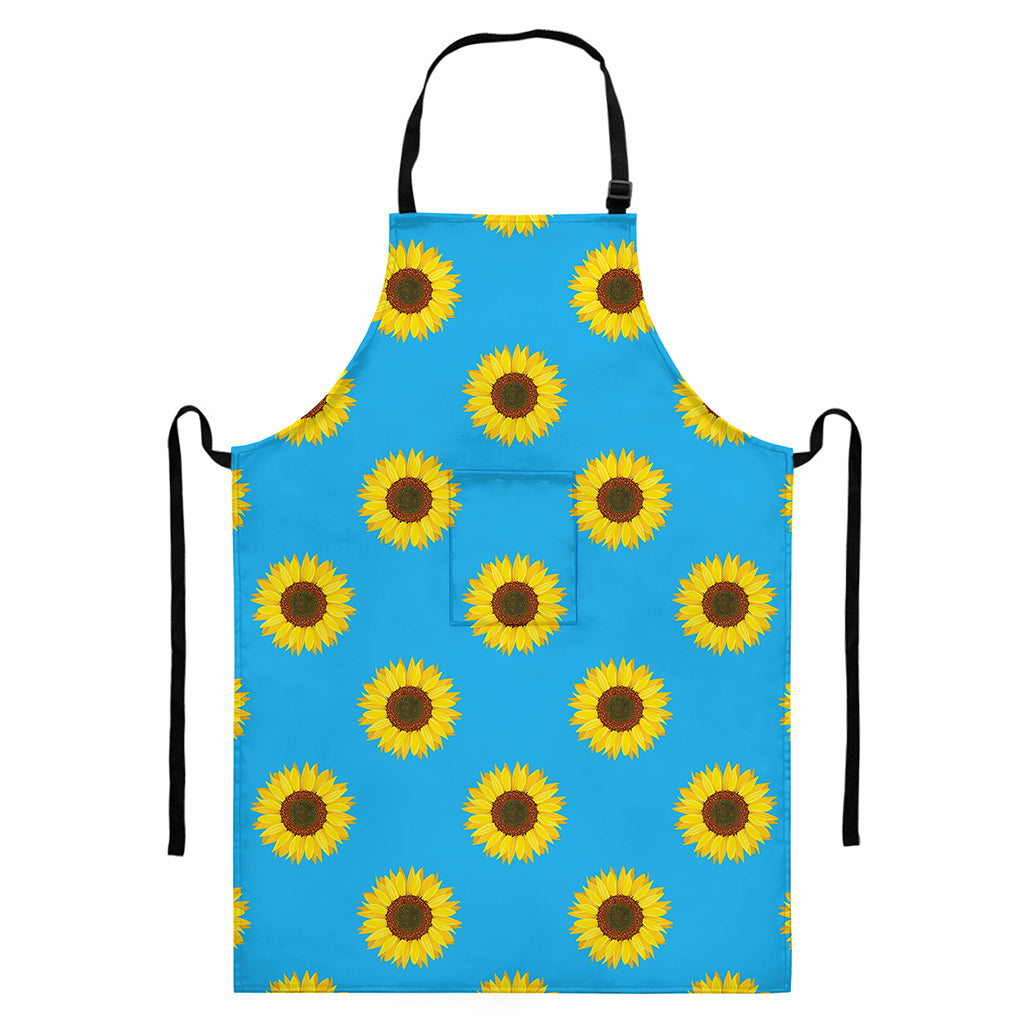 Blue Cute Sunflower Pattern Print Bib Apron With Pocket