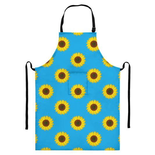 Blue Cute Sunflower Pattern Print Bib Apron With Pocket