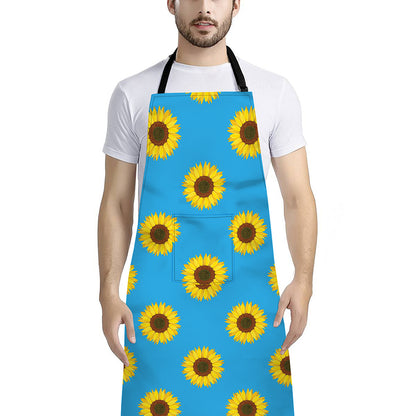 Blue Cute Sunflower Pattern Print Bib Apron With Pocket