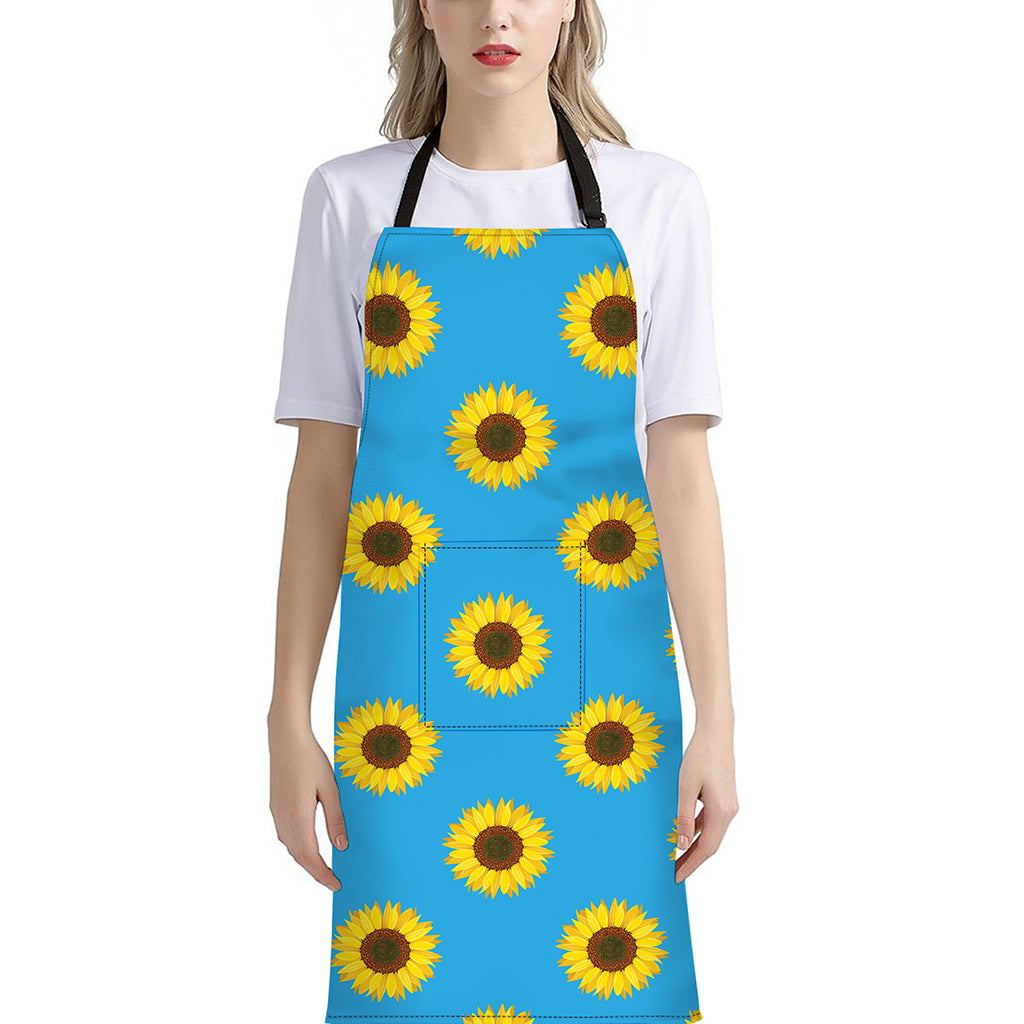 Blue Cute Sunflower Pattern Print Bib Apron With Pocket