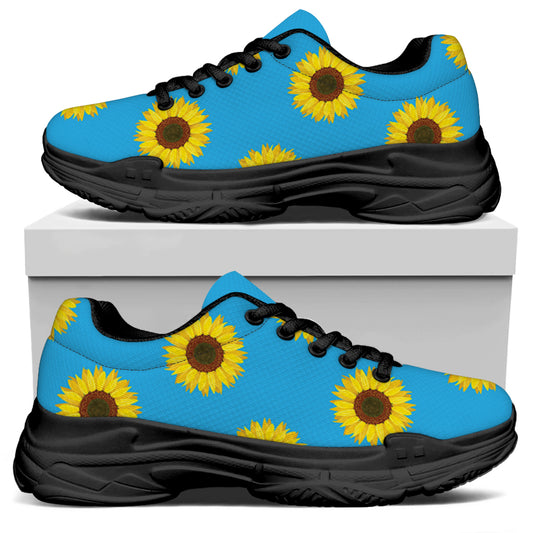 Blue Cute Sunflower Pattern Print Black Chunky Shoes
