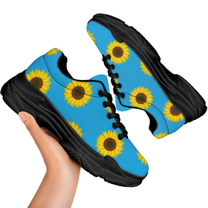 Blue Cute Sunflower Pattern Print Black Chunky Shoes