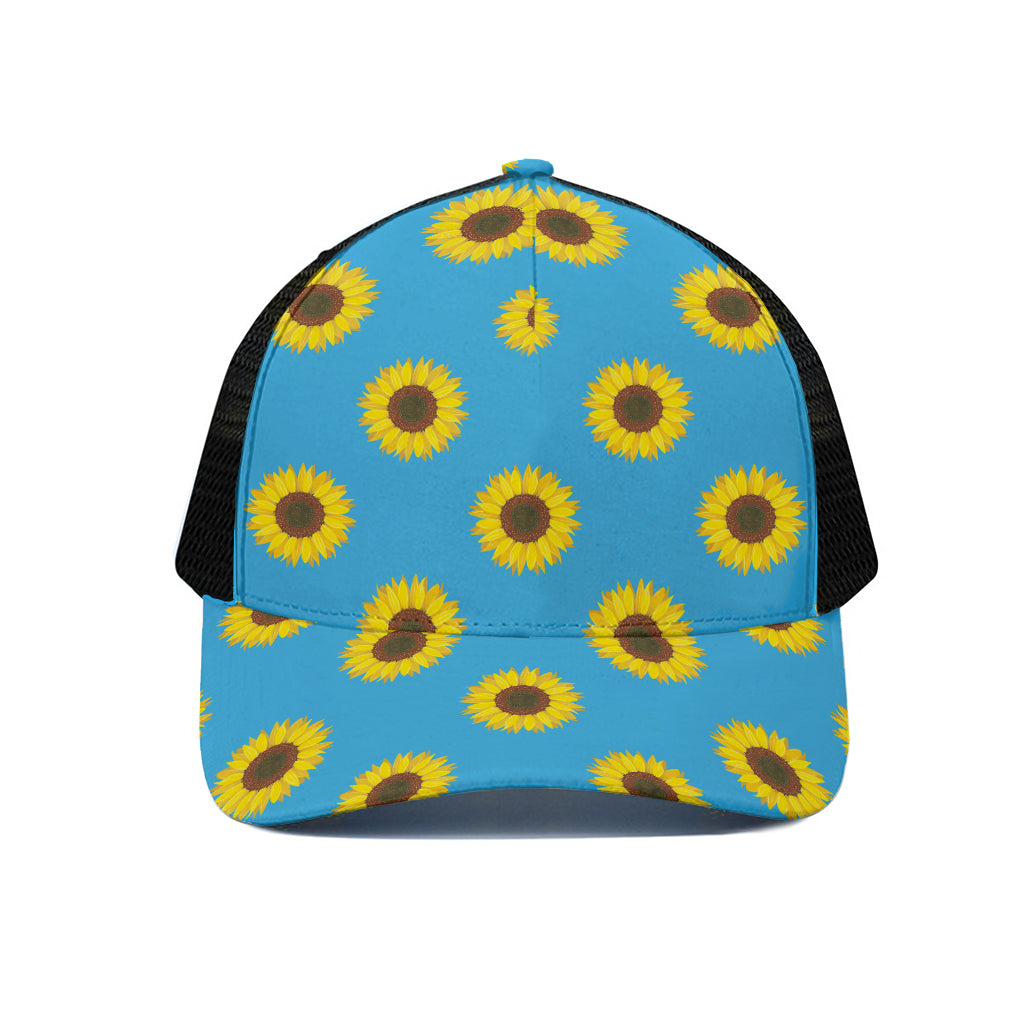 Blue Cute Sunflower Pattern Print Black Mesh Trucker Cap