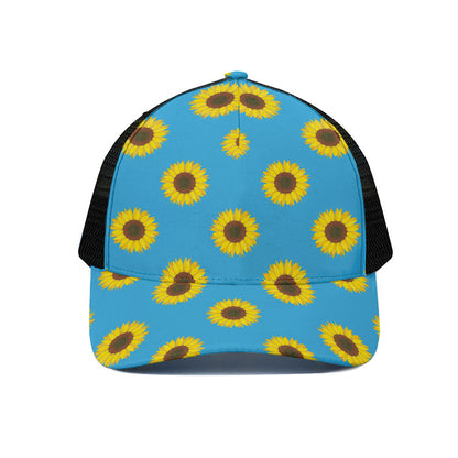 Blue Cute Sunflower Pattern Print Black Mesh Trucker Cap