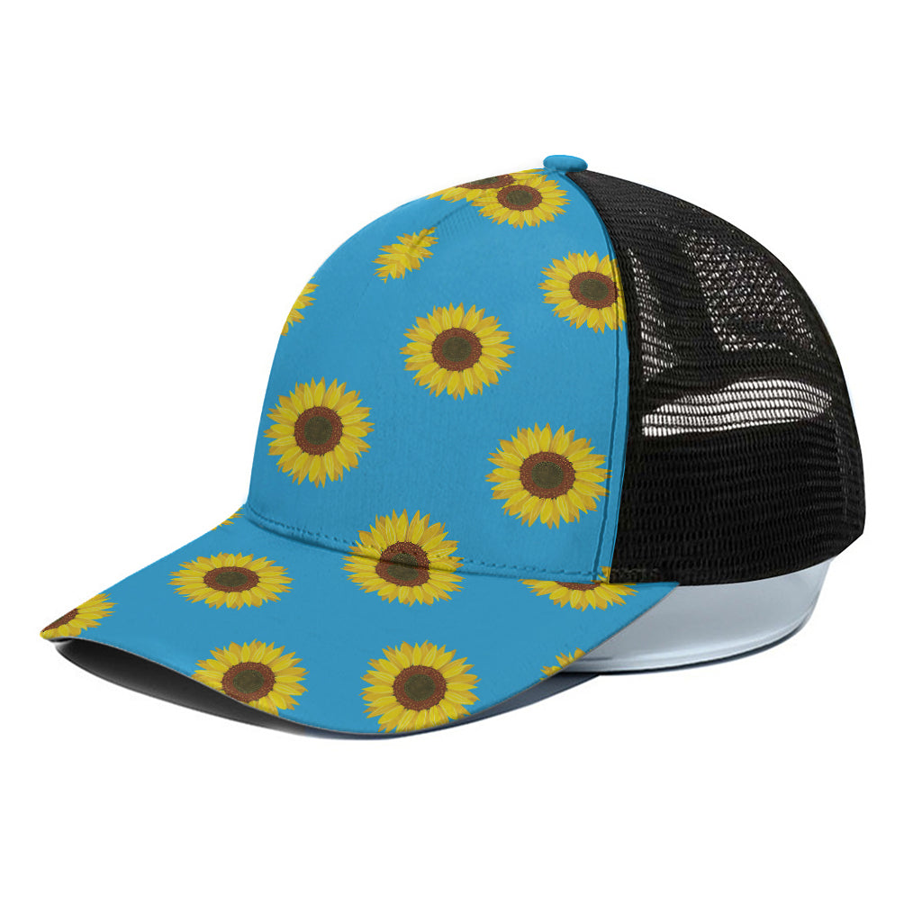 Blue Cute Sunflower Pattern Print Black Mesh Trucker Cap