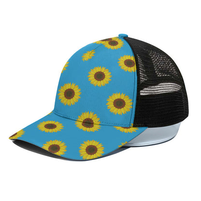 Blue Cute Sunflower Pattern Print Black Mesh Trucker Cap